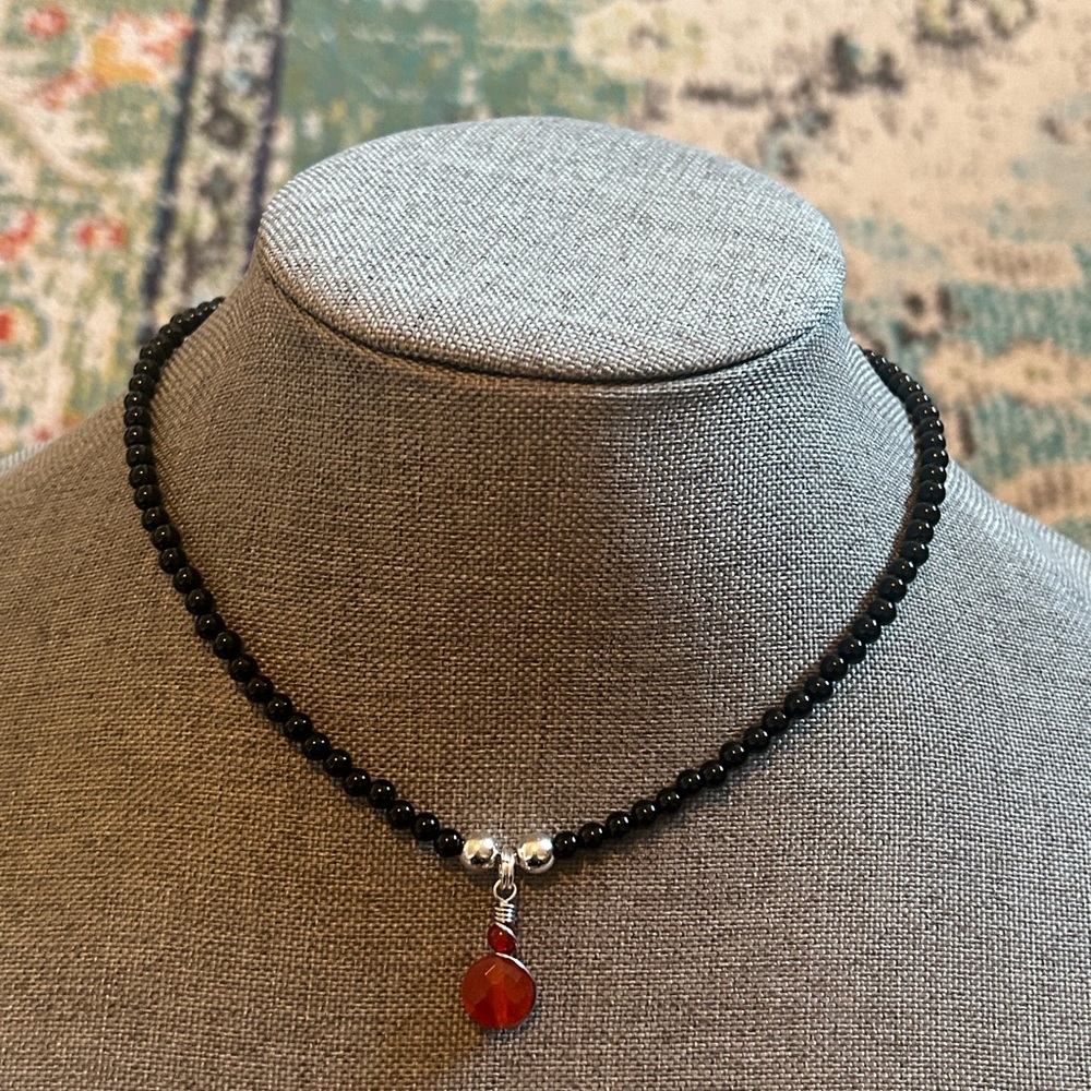 Handcrafted Elegant Black Onyx Beaded Necklace with Red Carnelian Pendant